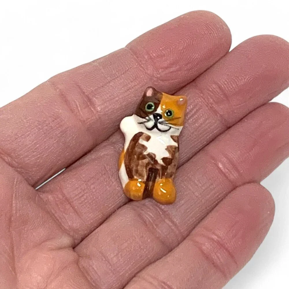 Vintage Tortoiseshell Cat Pin Orange Brown White Ceramic 1.5